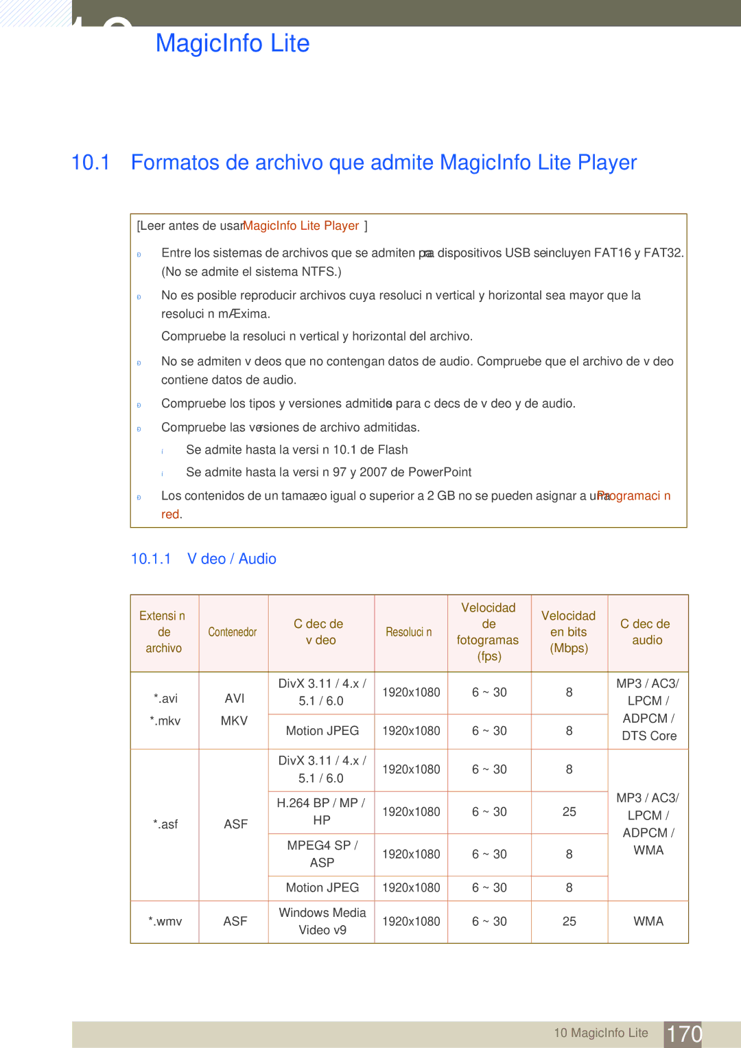 Samsung LH46SLBPLBC/EN manual Formatos de archivo que admite MagicInfo Lite Player, 10.1.1 Vídeo / Audio 