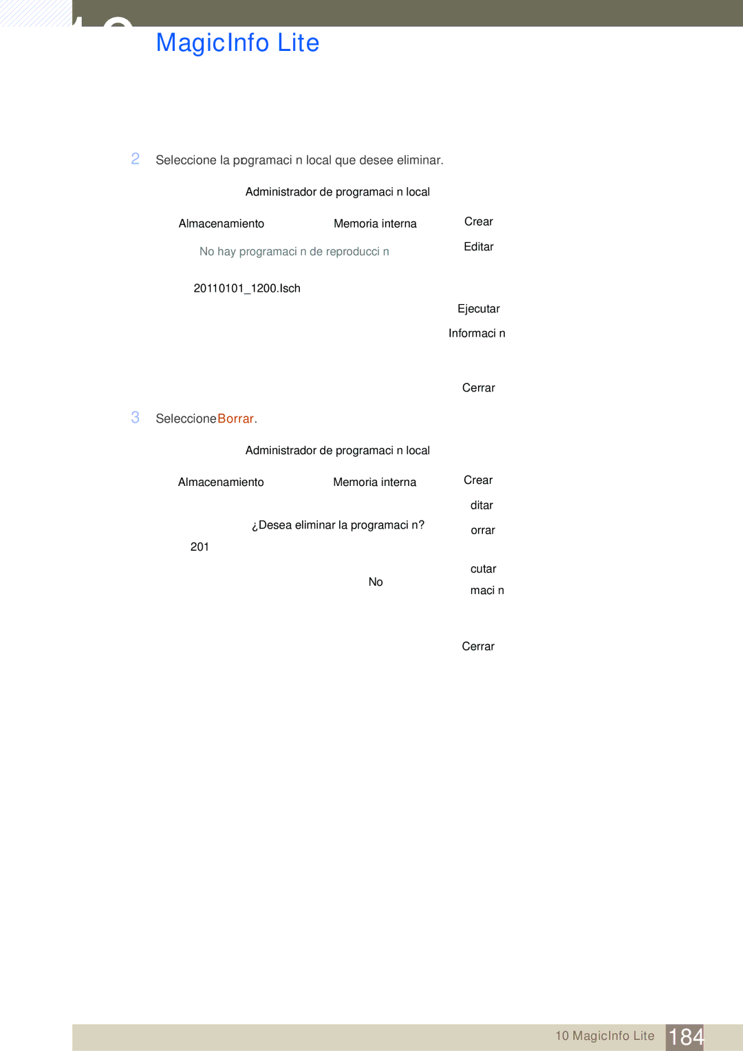 Samsung LH46SLBPLBC/EN manual Seleccione la programación local que desee eliminar 