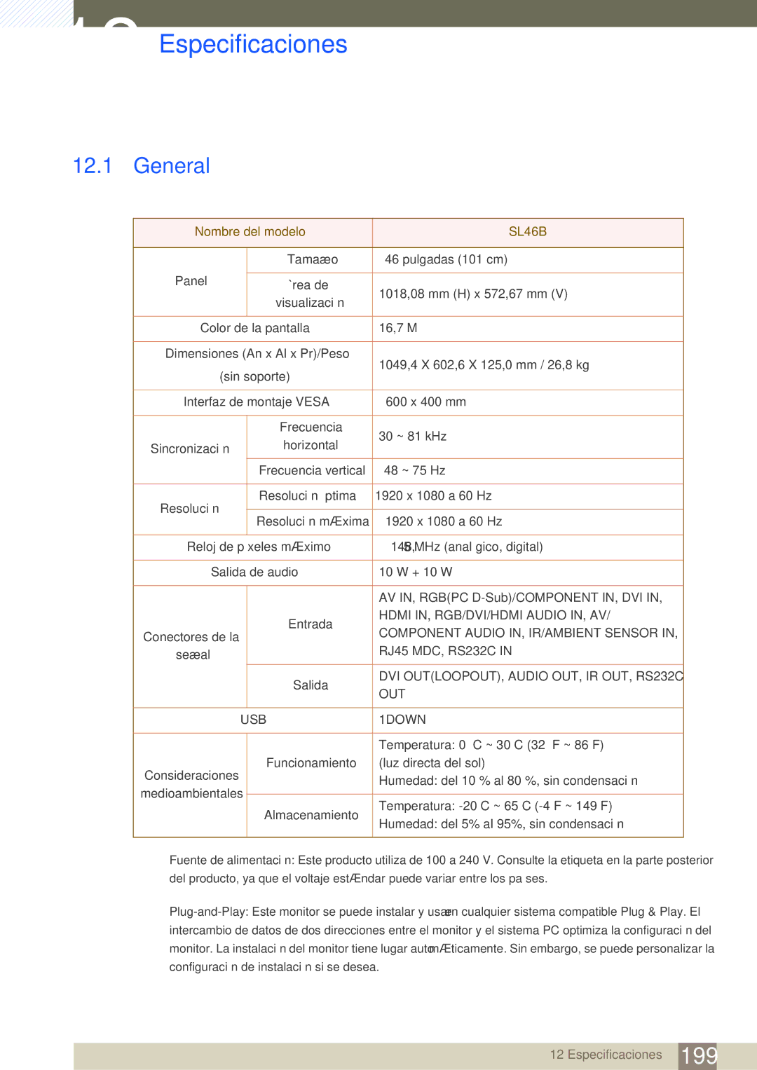 Samsung LH46SLBPLBC/EN manual Especificaciones, SL46B 