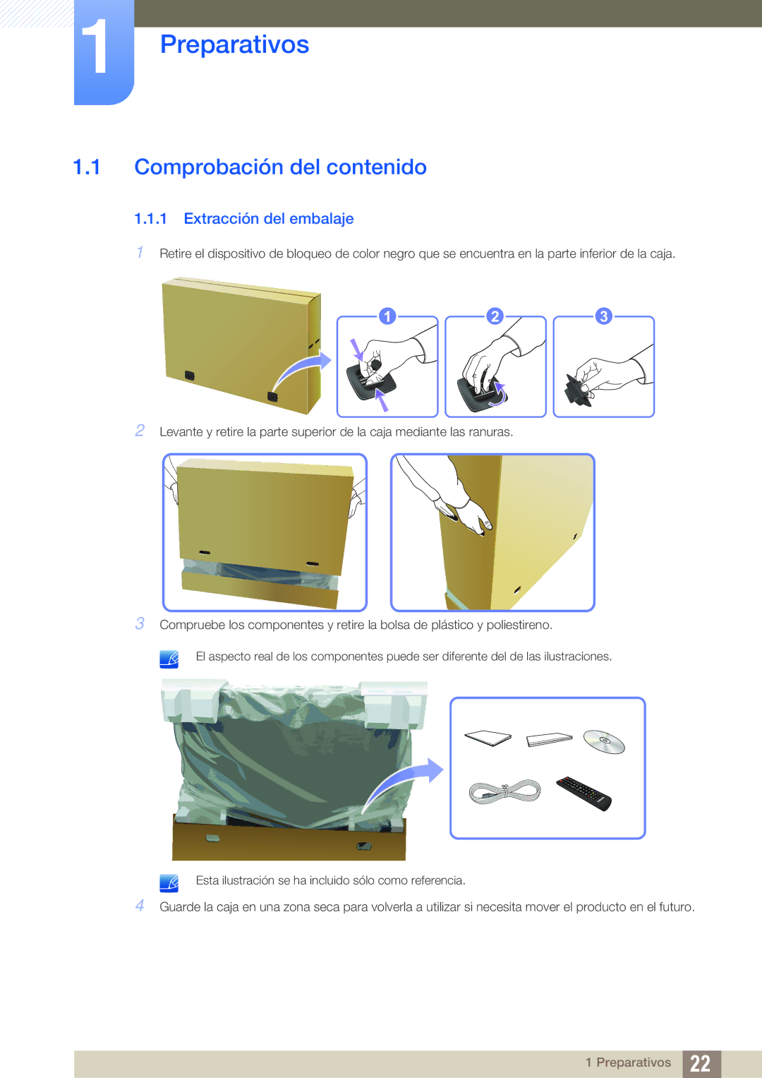 Samsung LH46SLBPLBC/EN manual Preparativos, Comprobación del contenido, Extracción del embalaje 