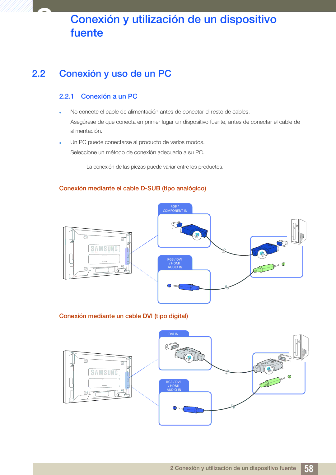 Samsung LH46SLBPLBC/EN manual Conexión y uso de un PC, Conexión a un PC, Conexión mediante el cable D-SUB tipo analógico 