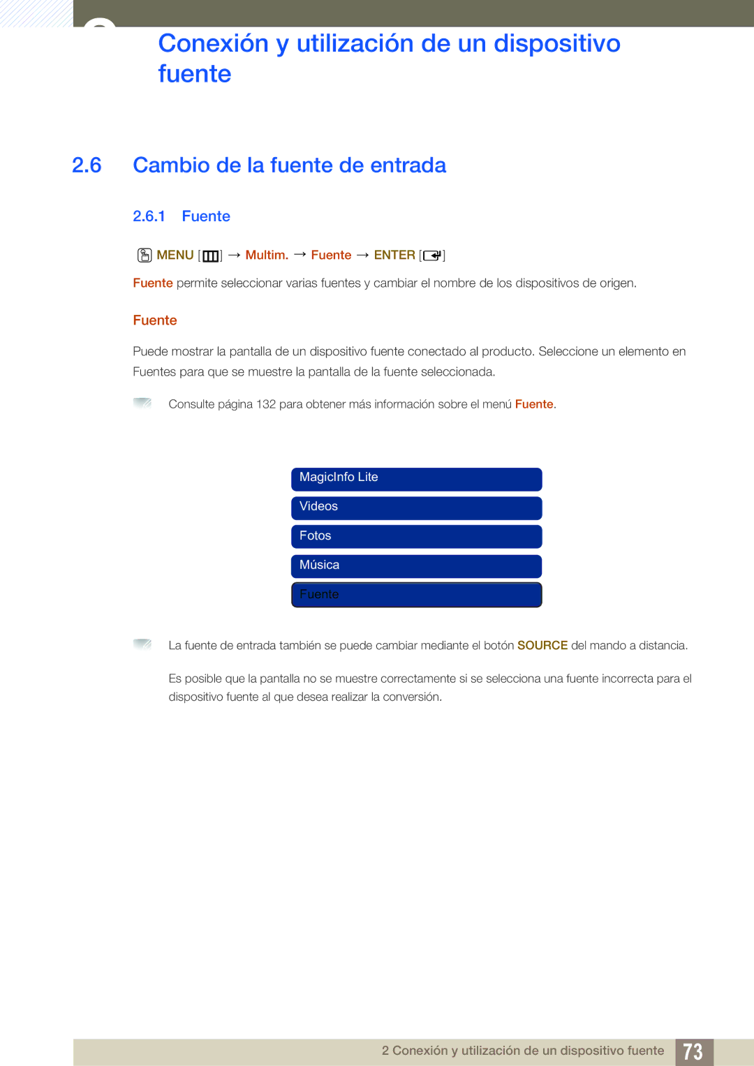 Samsung LH46SLBPLBC/EN manual Cambio de la fuente de entrada, Menu m Multim. Fuente Enter 