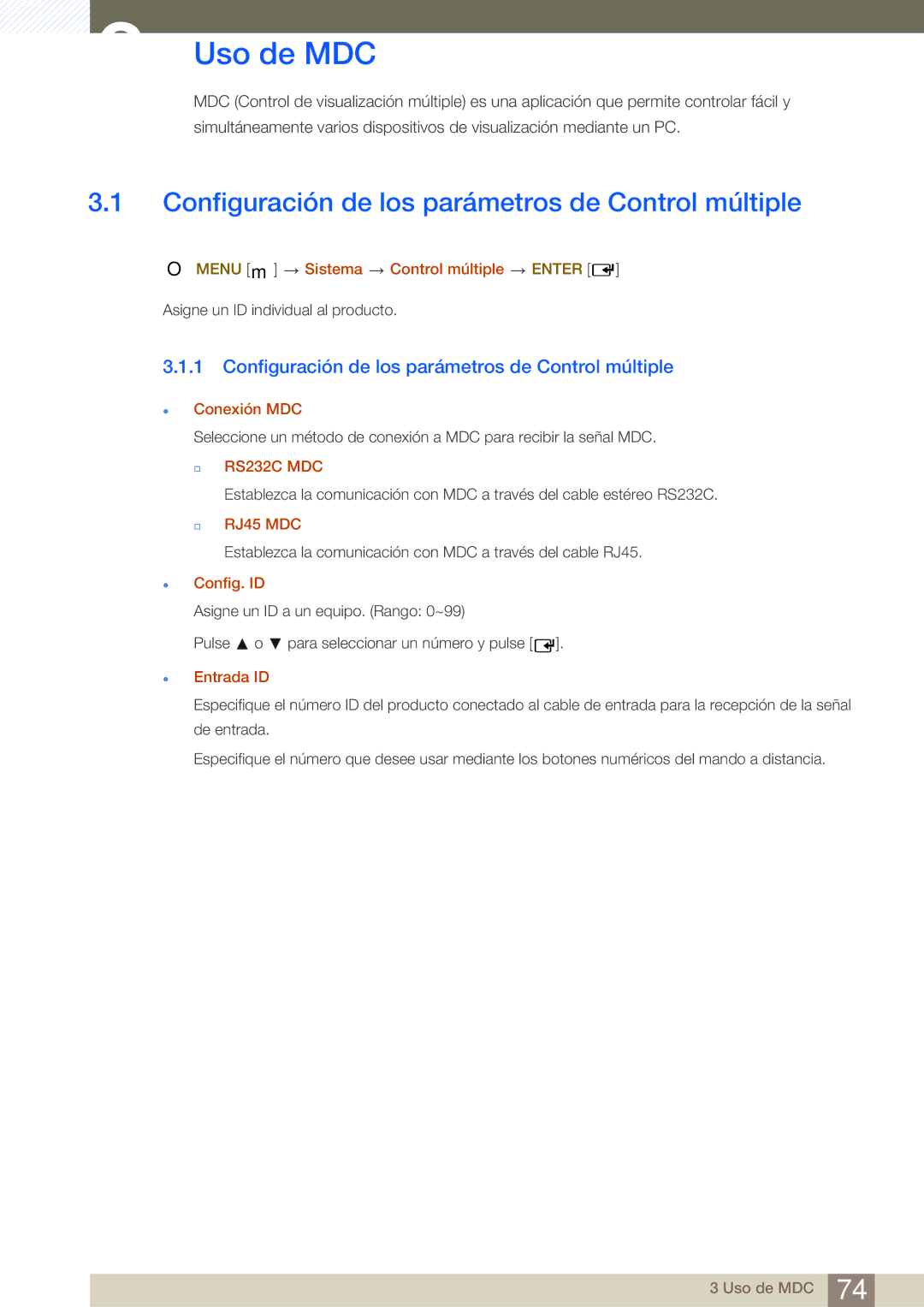 Samsung LH46SLBPLBC/EN manual Uso de MDC, Configuración de los parámetros de Control múltiple 