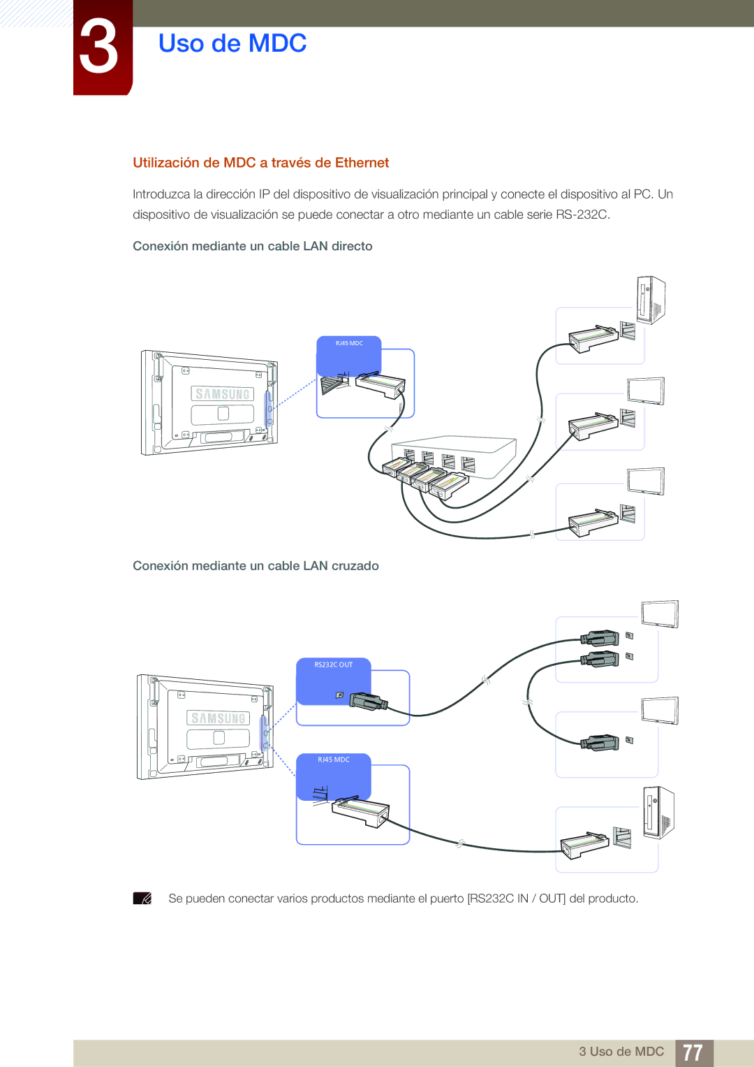 Samsung LH46SLBPLBC/EN manual Utilización de MDC a través de Ethernet, Conexión mediante un cable LAN directo 