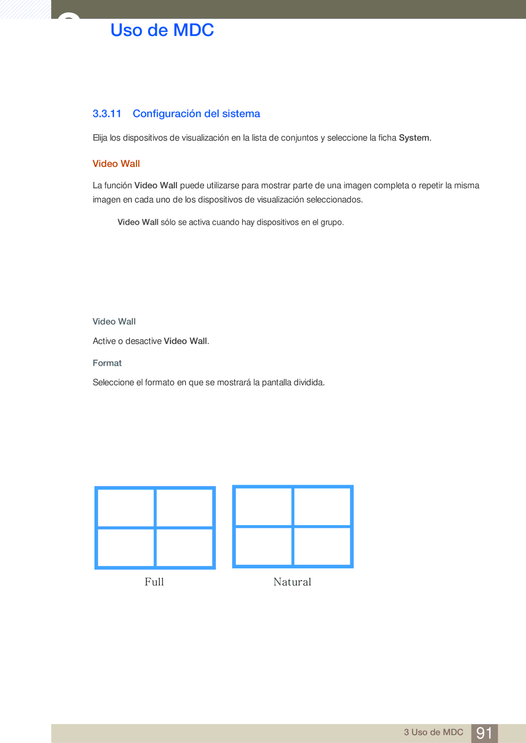 Samsung LH46SLBPLBC/EN manual Configuración del sistema, Video Wall, Format 