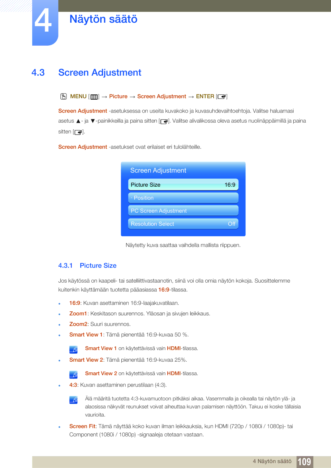 Samsung LH46SLBPLBC/EN manual Picture Size, Menu m Picture Screen Adjustment Enter 