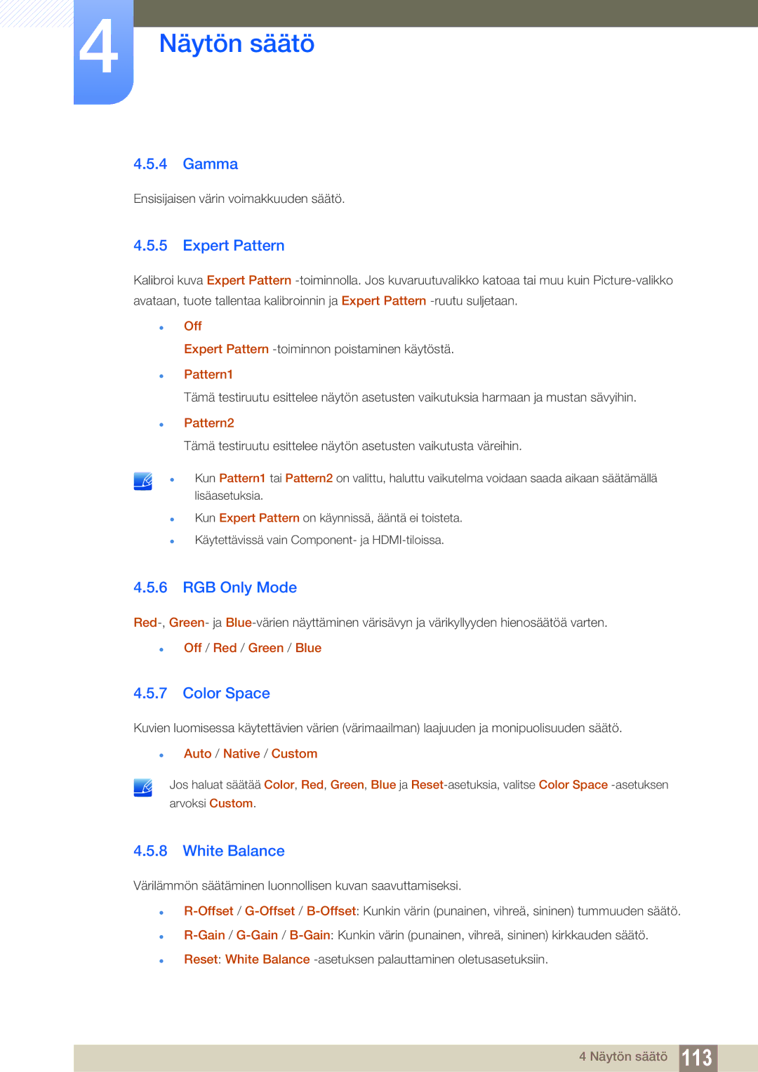 Samsung LH46SLBPLBC/EN manual Gamma, Expert Pattern, RGB Only Mode, Color Space, White Balance 
