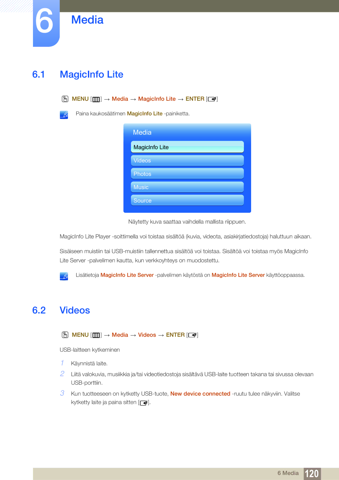 Samsung LH46SLBPLBC/EN manual Menu m Media MagicInfo Lite Enter, Menu m Media Videos Enter 