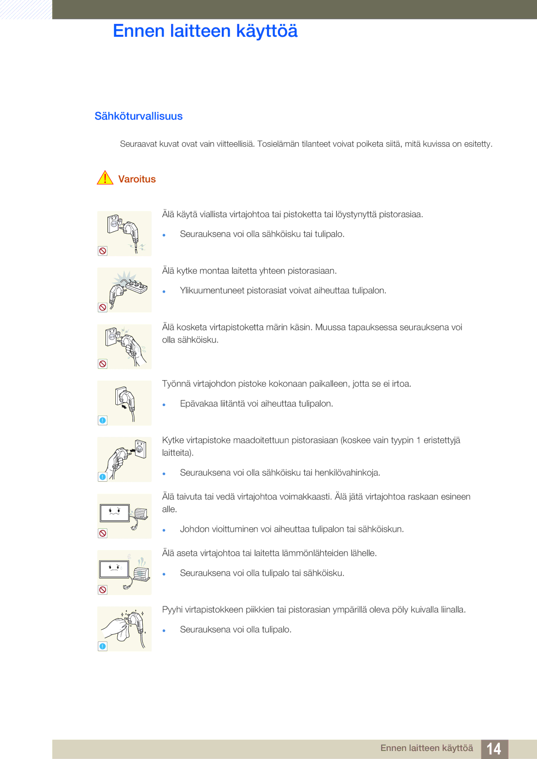 Samsung LH46SLBPLBC/EN manual Sähköturvallisuus, Varoitus 