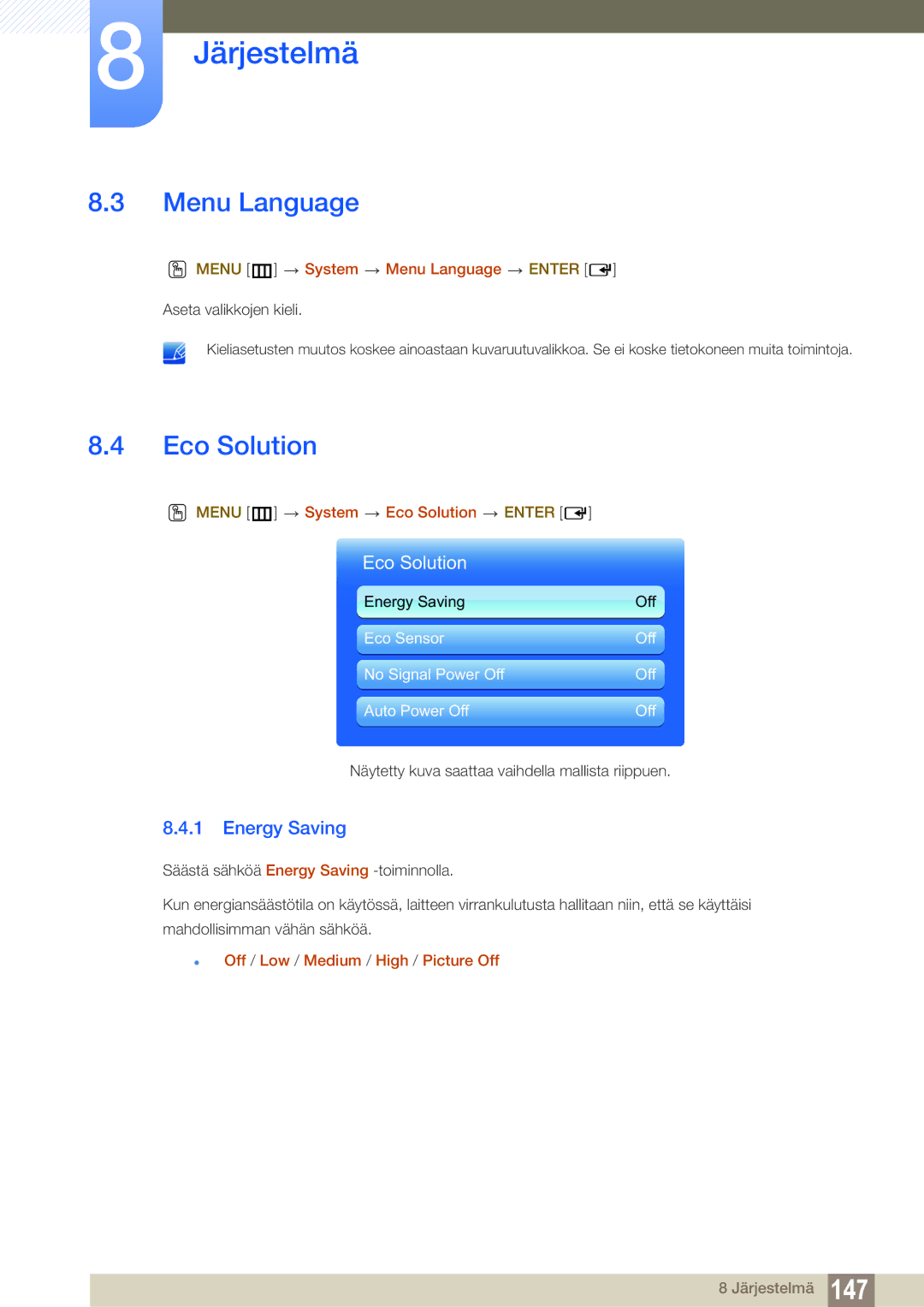 Samsung LH46SLBPLBC/EN manual Menu Language, Eco Solution, Energy Saving 