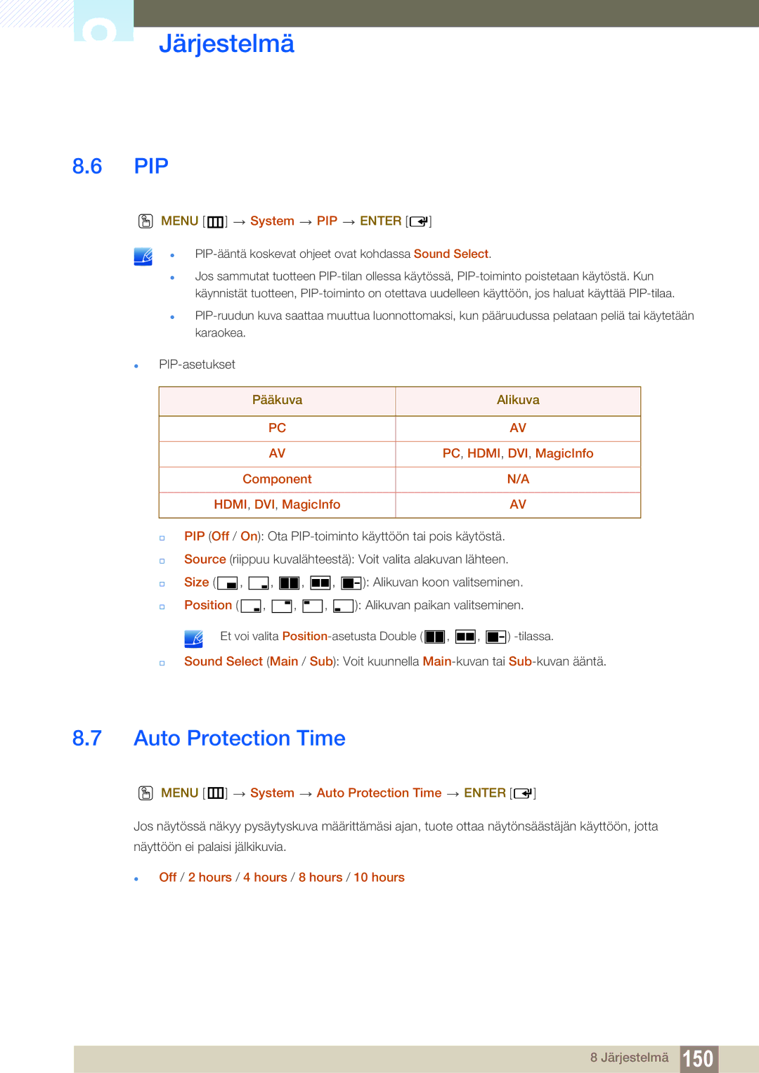 Samsung LH46SLBPLBC/EN manual Pip, Auto Protection Time 