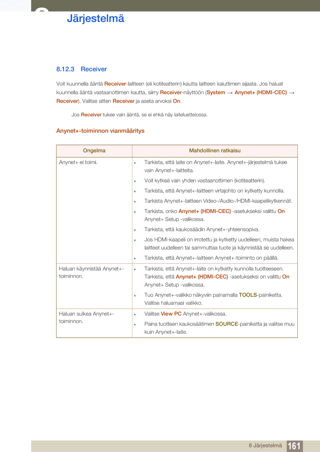 Samsung LH46SLBPLBC/EN manual Receiver, Anynet+-toiminnon vianmääritys 