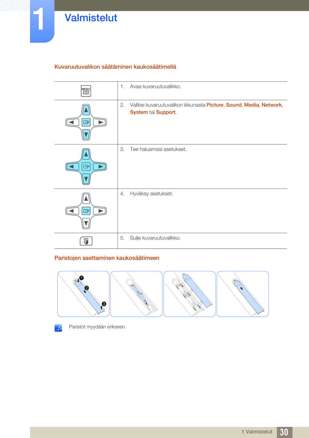 Samsung LH46SLBPLBC/EN manual Kuvaruutuvalikon säätäminen kaukosäätimellä, Paristojen asettaminen kaukosäätimeen 