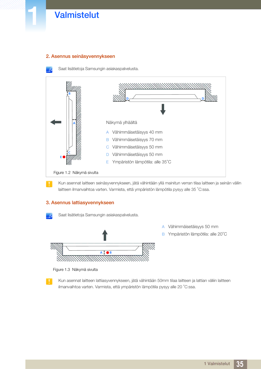 Samsung LH46SLBPLBC/EN manual Asennus seinäsyvennykseen, Asennus lattiasyvennykseen 