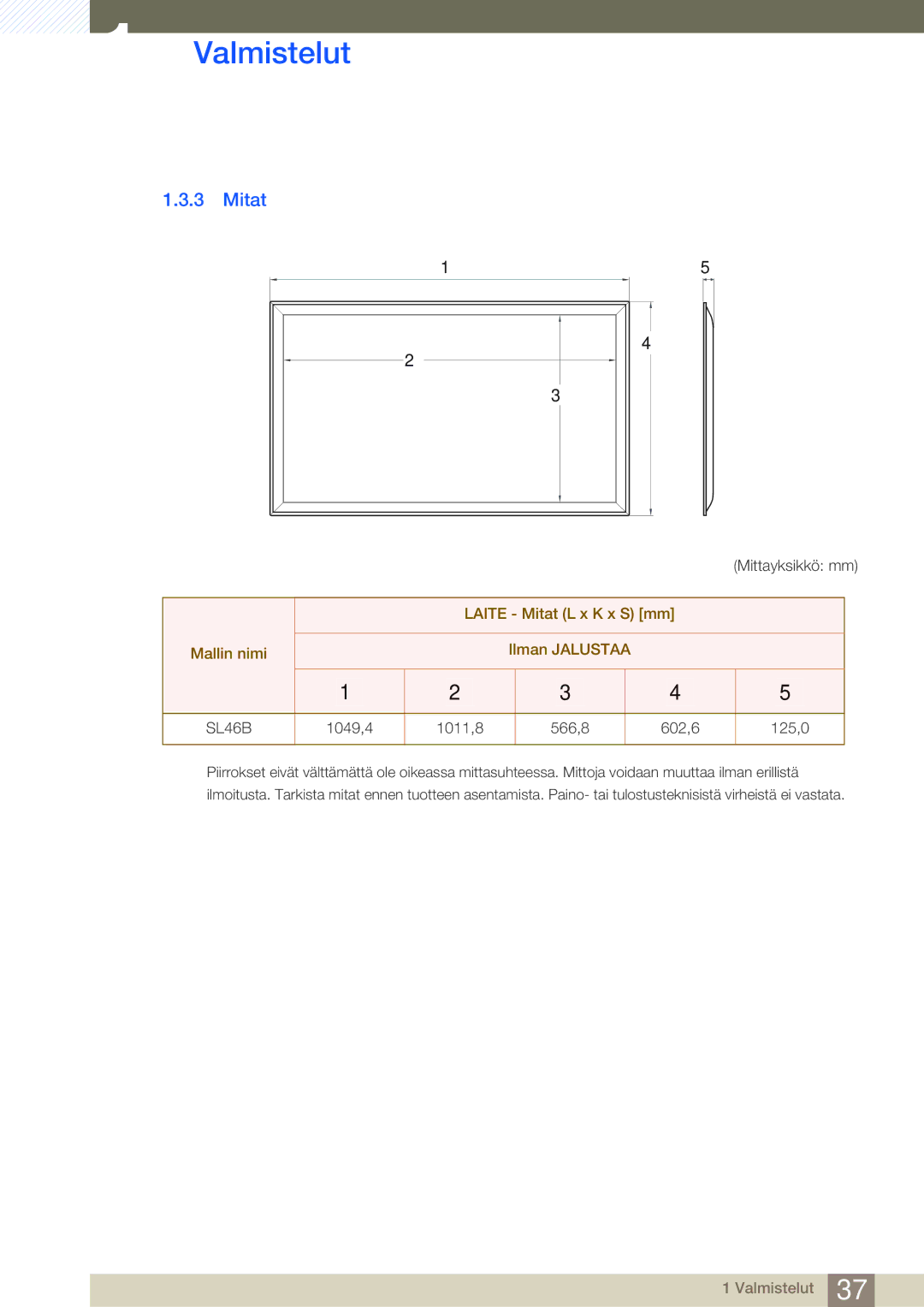 Samsung LH46SLBPLBC/EN manual Laite Mitat L x K x S mm Mallin nimi Ilman Jalustaa 