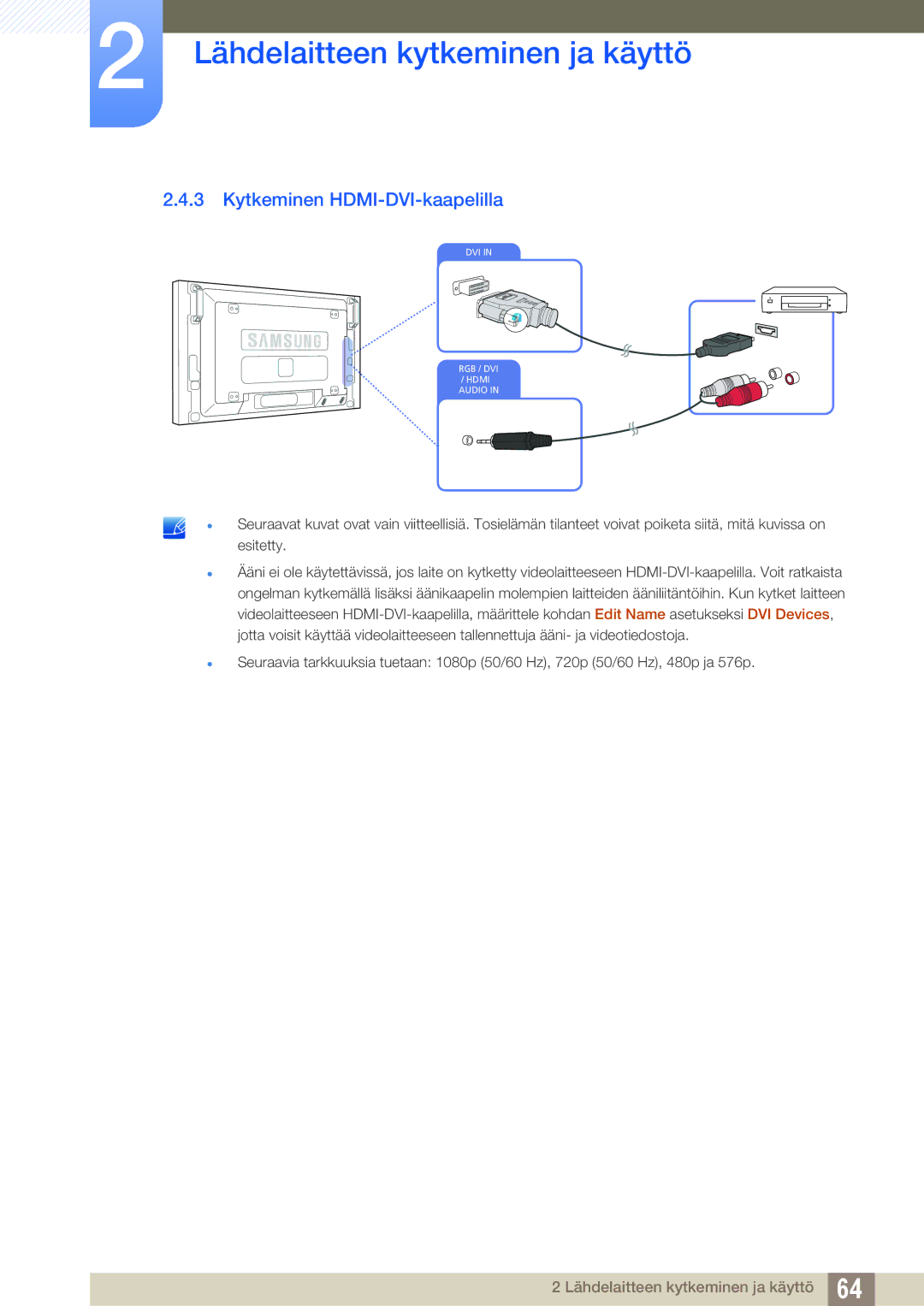 Samsung LH46SLBPLBC/EN manual Kytkeminen HDMI-DVI-kaapelilla 