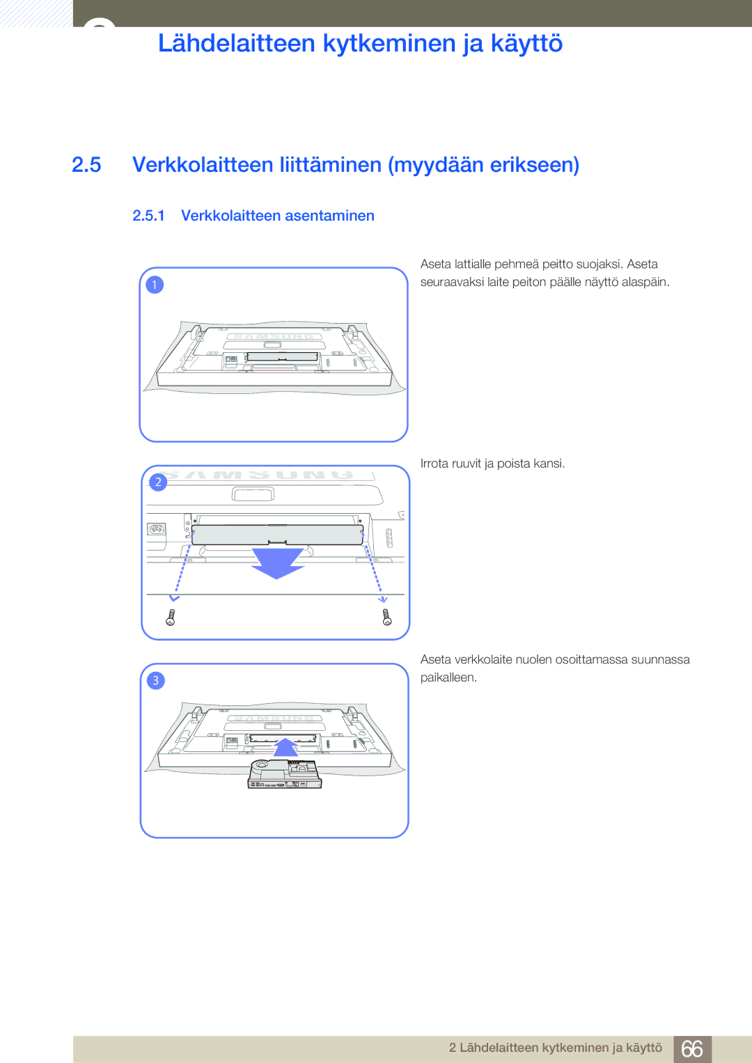 Samsung LH46SLBPLBC/EN manual Verkkolaitteen liittäminen myydään erikseen, Verkkolaitteen asentaminen 