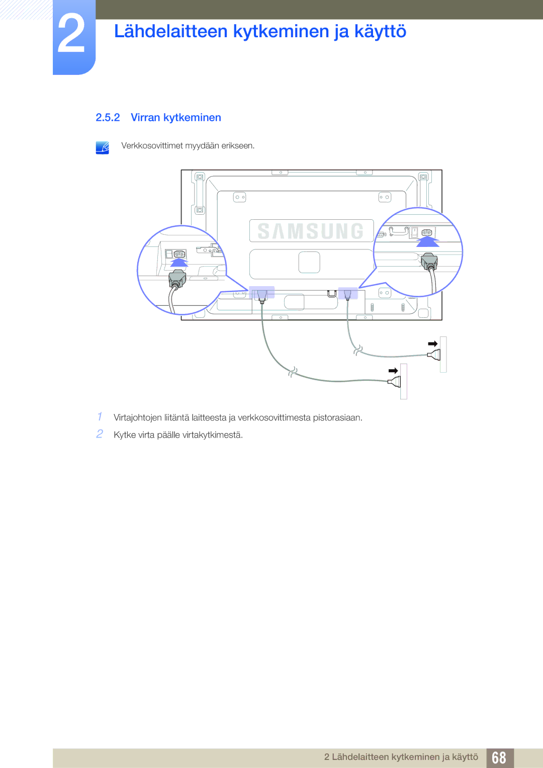 Samsung LH46SLBPLBC/EN manual Virran kytkeminen 