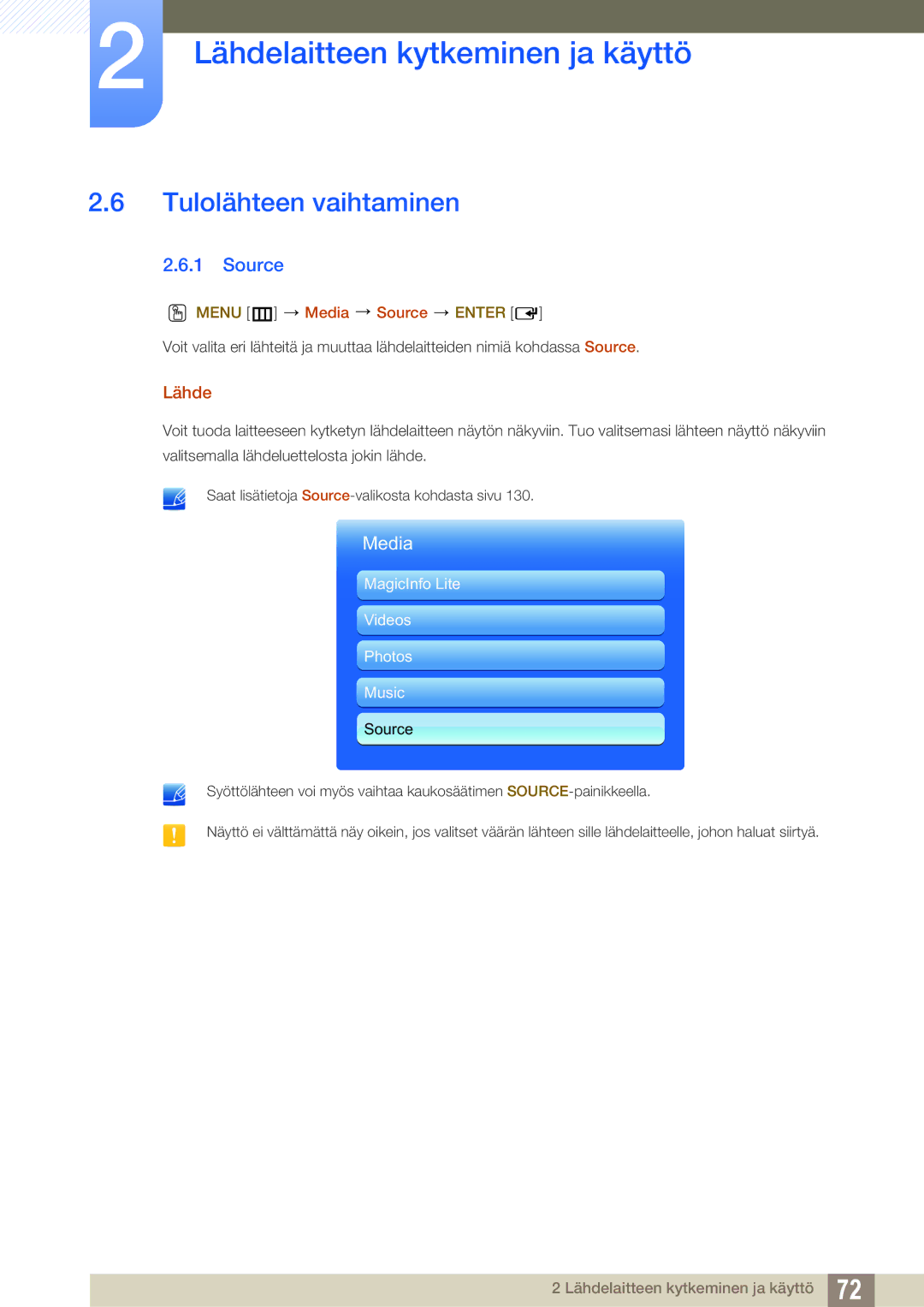 Samsung LH46SLBPLBC/EN manual Tulolähteen vaihtaminen, Lähde, Menu m Media Source Enter 