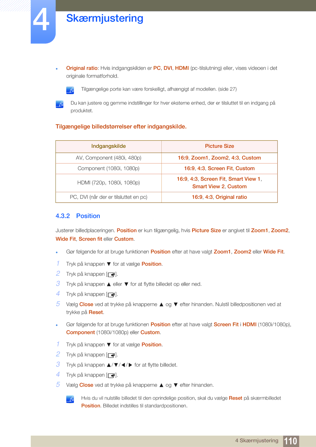 Samsung LH46SLBPLBC/EN manual Position, Tilgængelige billedstørrelser efter indgangskilde 