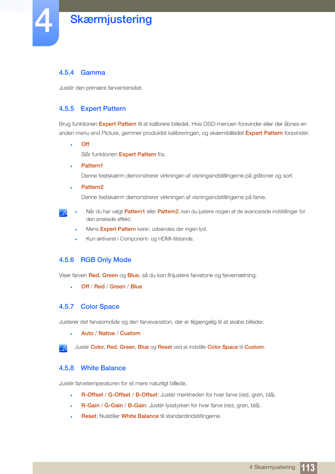 Samsung LH46SLBPLBC/EN manual Gamma, Expert Pattern, RGB Only Mode, Color Space, White Balance 
