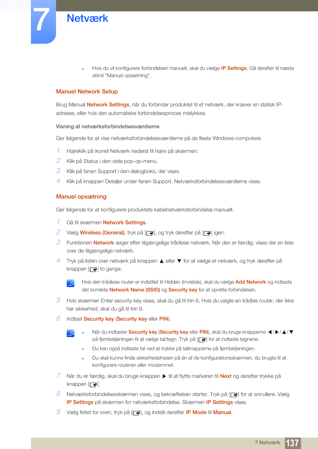 Samsung LH46SLBPLBC/EN manual Manuel Network Setup, Manuel opsætning, Indtast Security key Security key eller PIN 