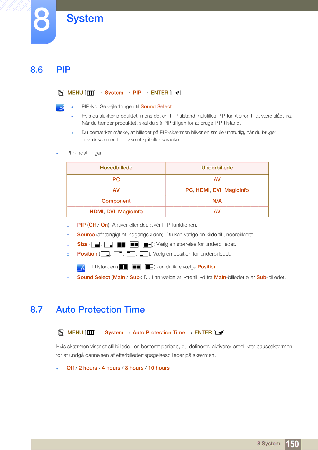 Samsung LH46SLBPLBC/EN manual Pip, Auto Protection Time 