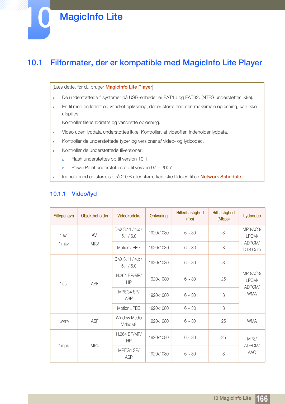 Samsung LH46SLBPLBC/EN manual Filformater, der er kompatible med MagicInfo Lite Player, Video/lyd 