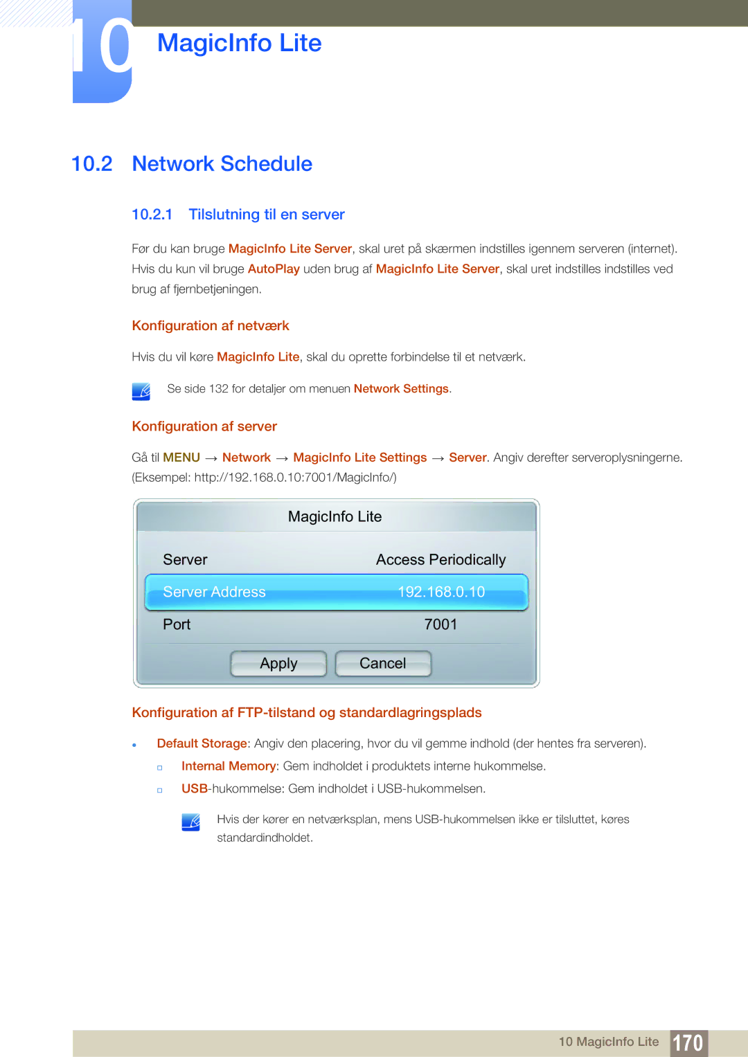 Samsung LH46SLBPLBC/EN manual Network Schedule, Tilslutning til en server, Server Address 192.168.0.10 