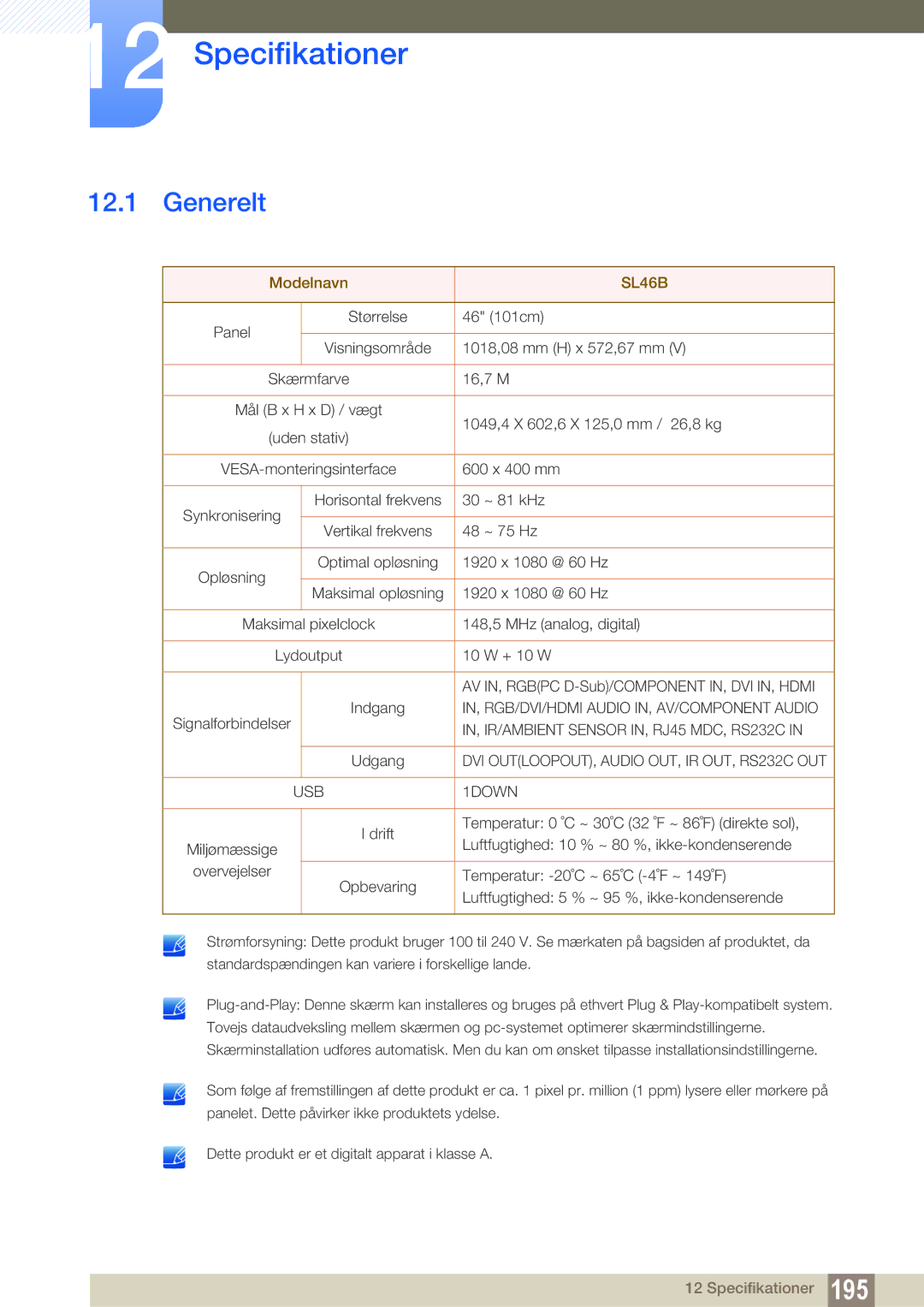 Samsung LH46SLBPLBC/EN manual Specifikationer, Generelt, Modelnavn 