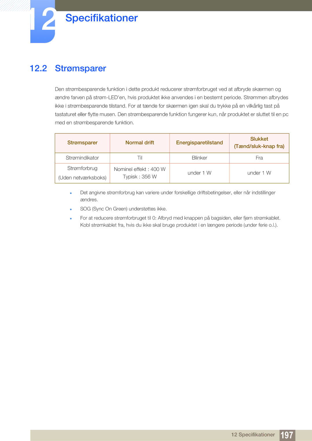 Samsung LH46SLBPLBC/EN manual 12.2 Strømsparer 