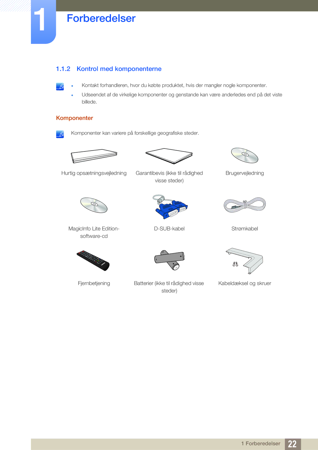 Samsung LH46SLBPLBC/EN manual Kontrol med komponenterne, Komponenter 