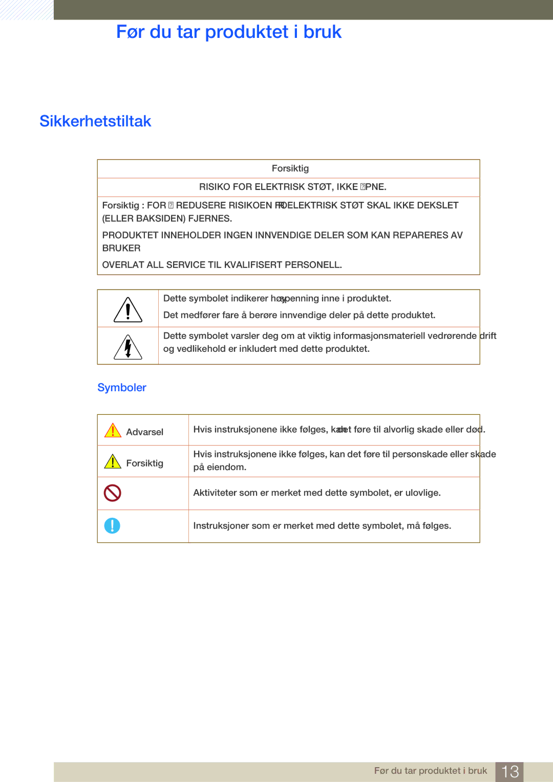 Samsung LH46SLBPLBC/EN manual Sikkerhetstiltak, Symboler 