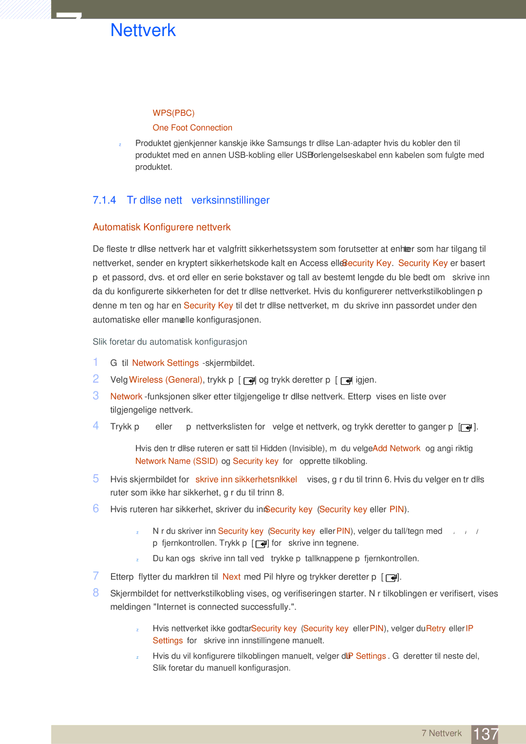 Samsung LH46SLBPLBC/EN manual 4 Trådløse nettverksinnstillinger, One Foot Connection 