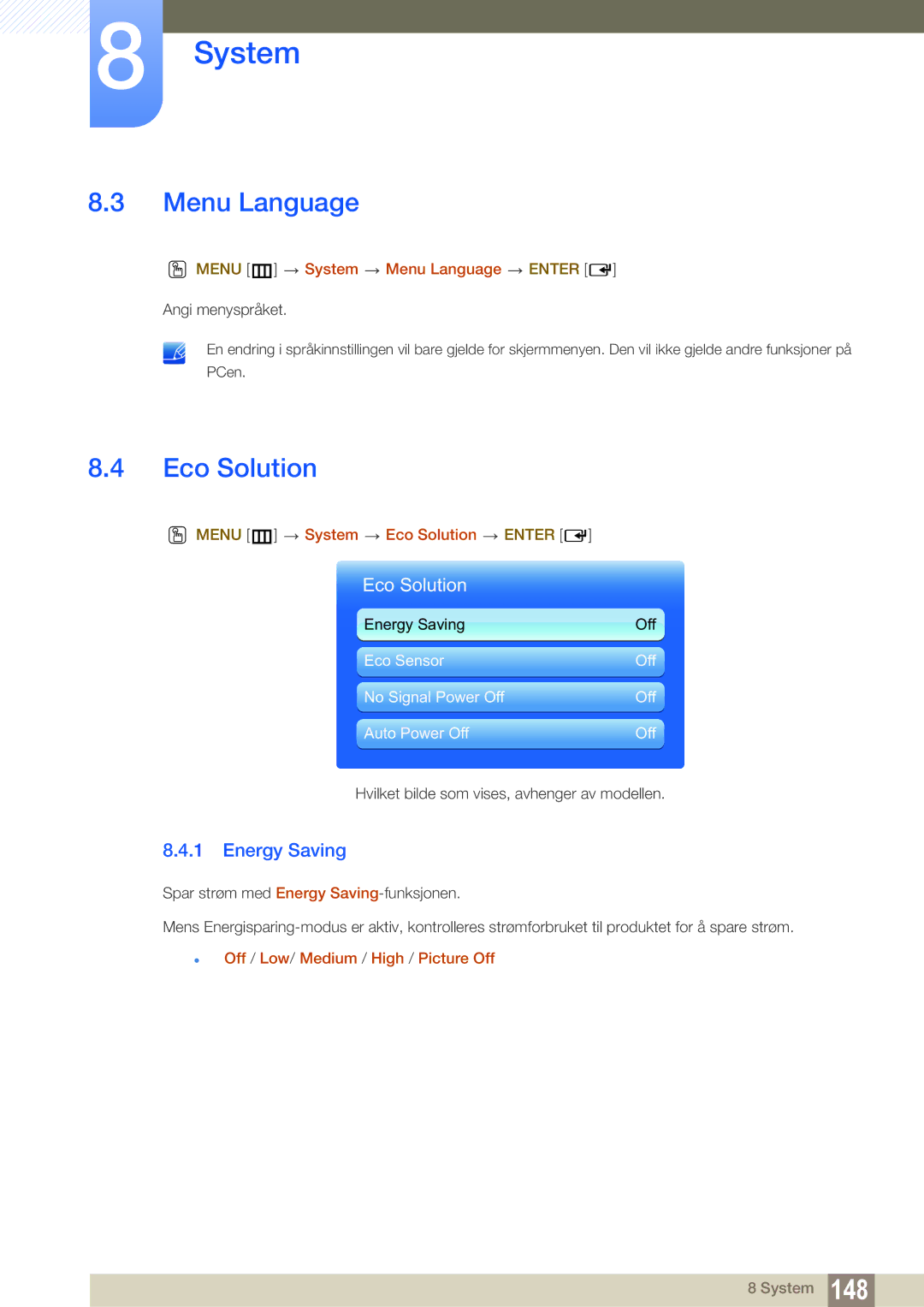 Samsung LH46SLBPLBC/EN manual Menu Language, Eco Solution, Energy Saving 