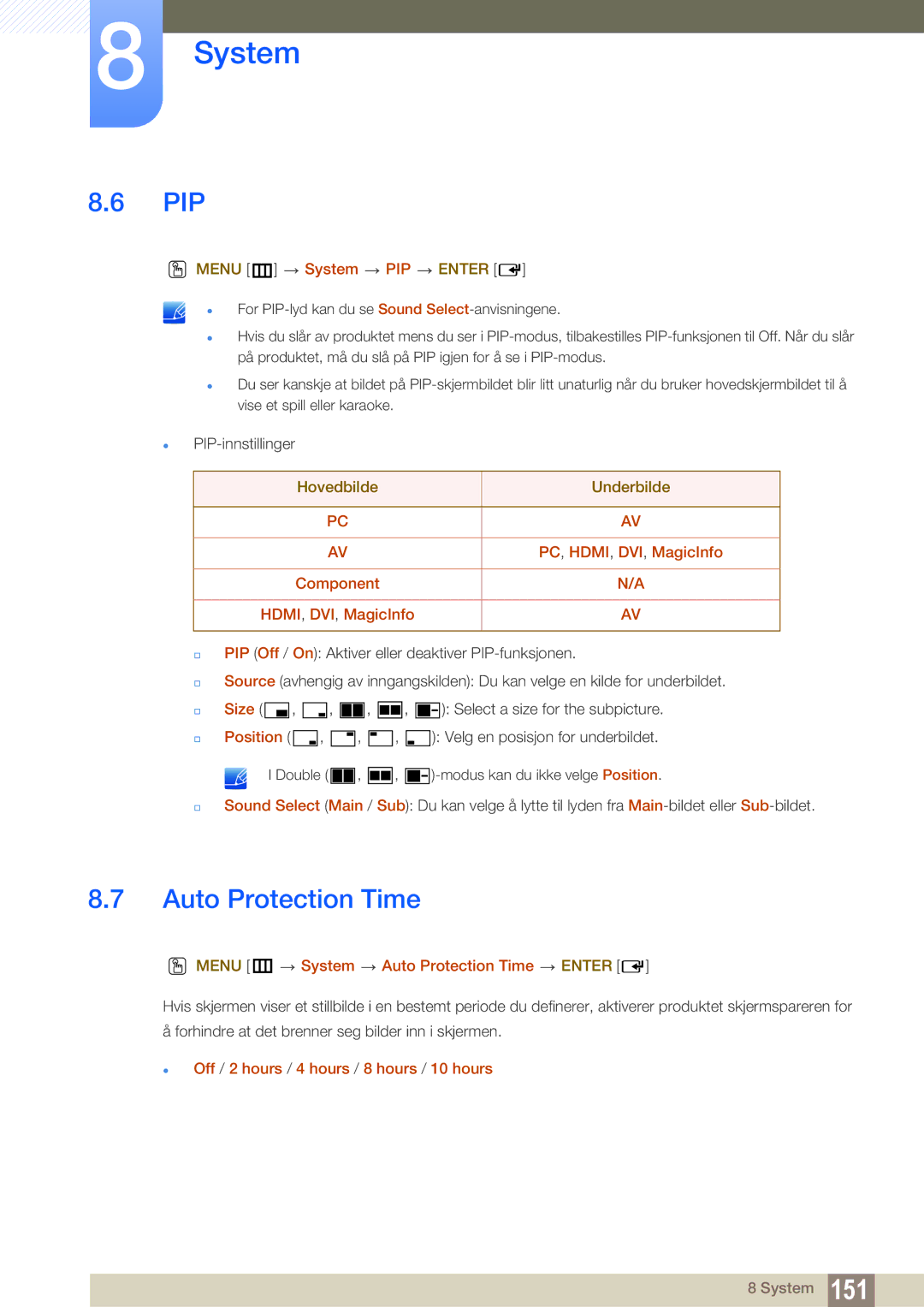 Samsung LH46SLBPLBC/EN manual Pip, Auto Protection Time 