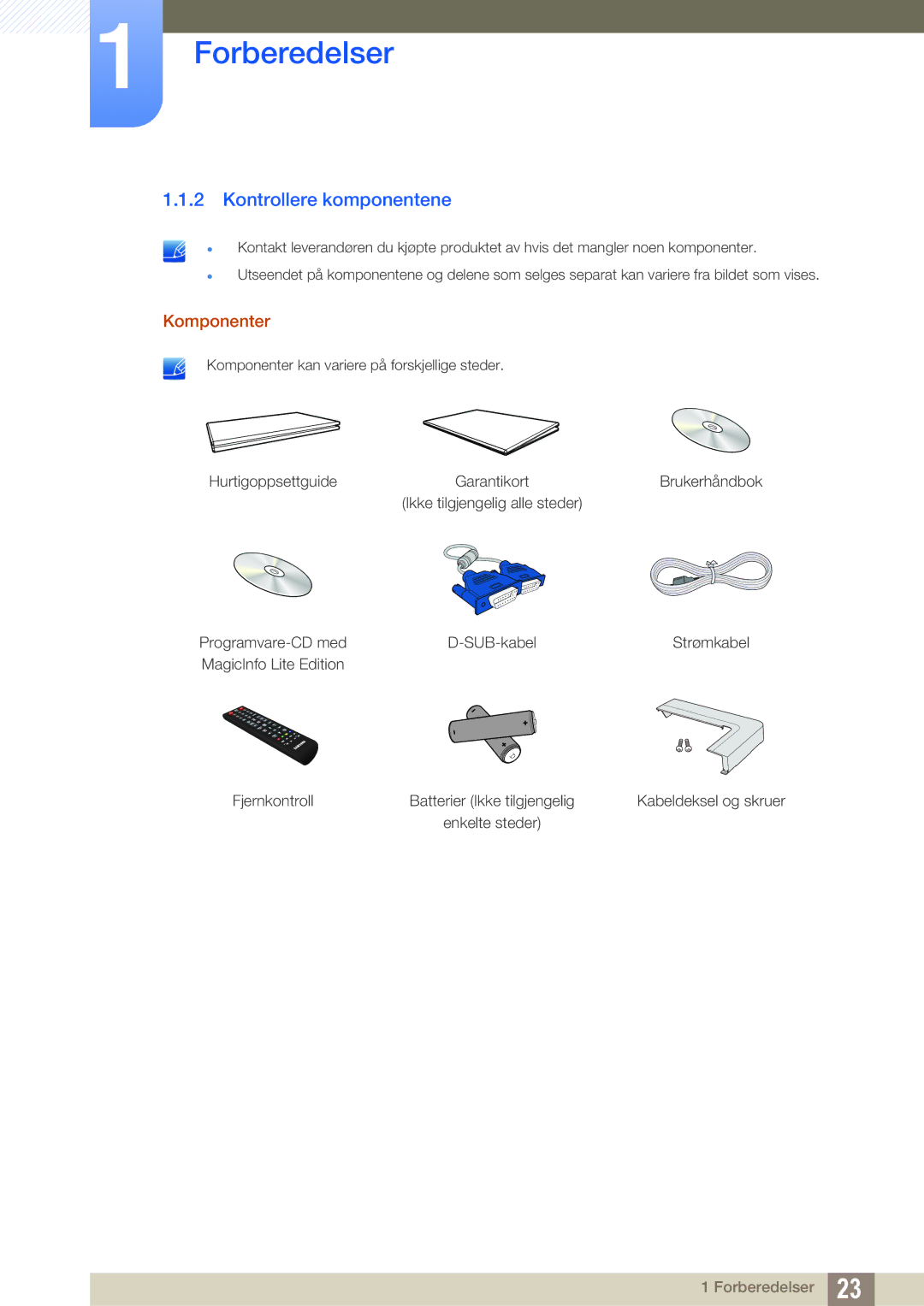 Samsung LH46SLBPLBC/EN manual Kontrollere komponentene, Komponenter 