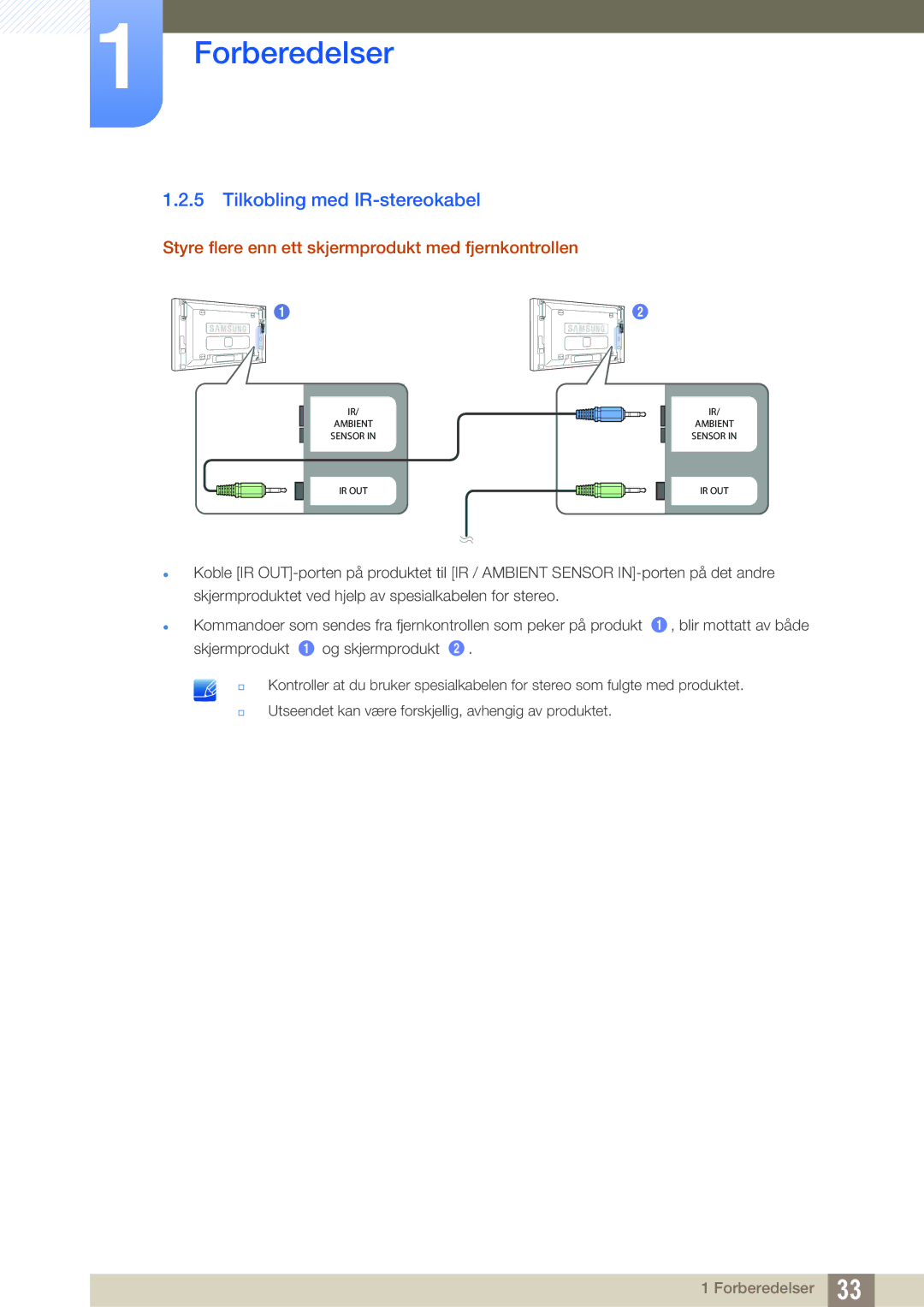 Samsung LH46SLBPLBC/EN manual Tilkobling med IR-stereokabel, Styre flere enn ett skjermprodukt med fjernkontrollen 