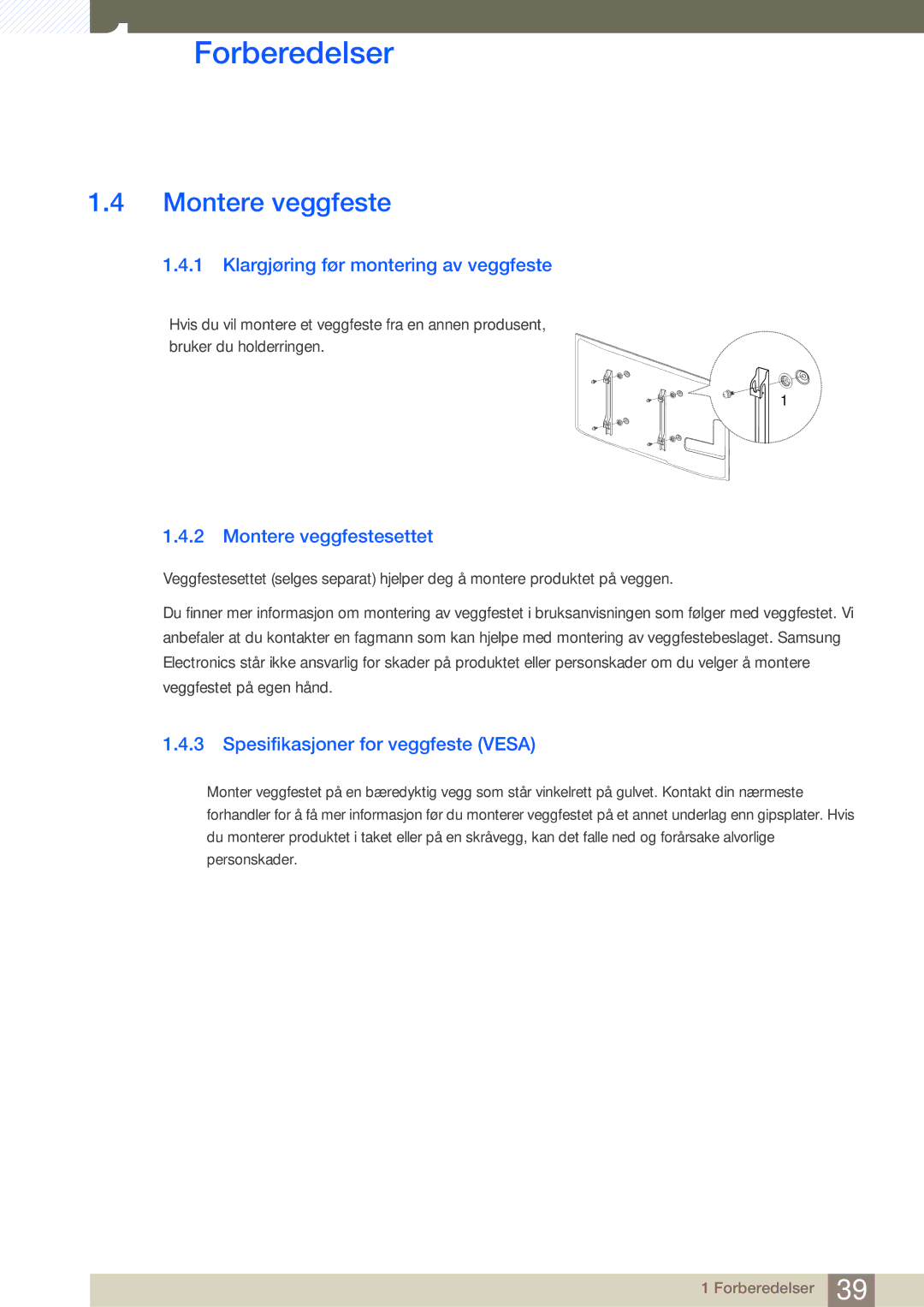 Samsung LH46SLBPLBC/EN manual Klargjøring før montering av veggfeste, Montere veggfestesettet 