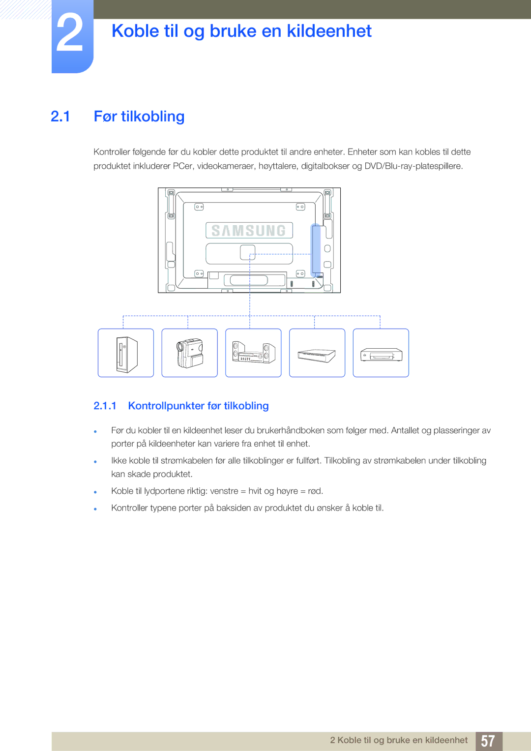 Samsung LH46SLBPLBC/EN manual Koble til og bruke en kildeenhet, Før tilkobling, Kontrollpunkter før tilkobling 