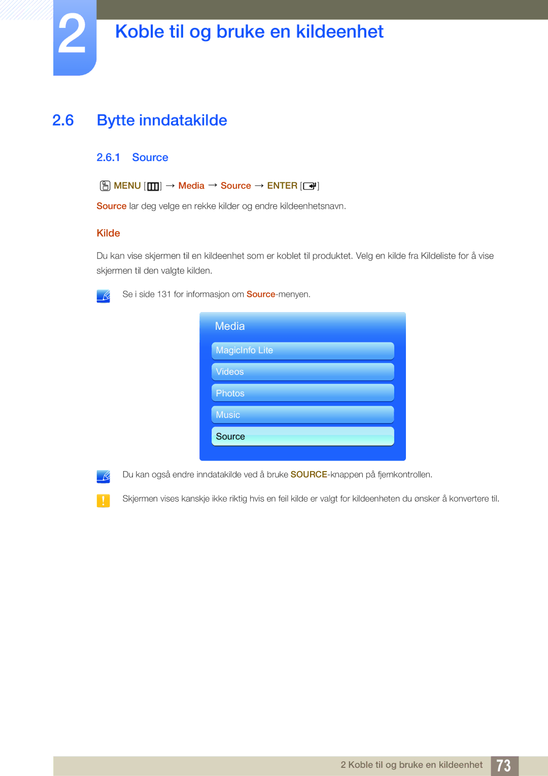 Samsung LH46SLBPLBC/EN manual Bytte inndatakilde, Kilde, Menu m Media Source Enter 