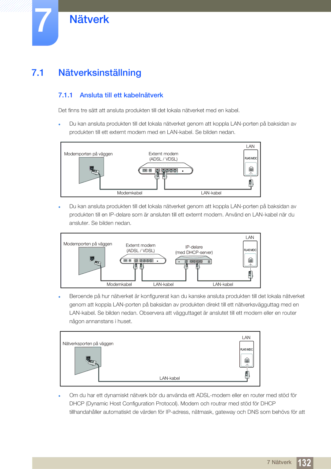 Samsung LH46SLBPLBC/EN manual Nätverksinställning, Ansluta till ett kabelnätverk 