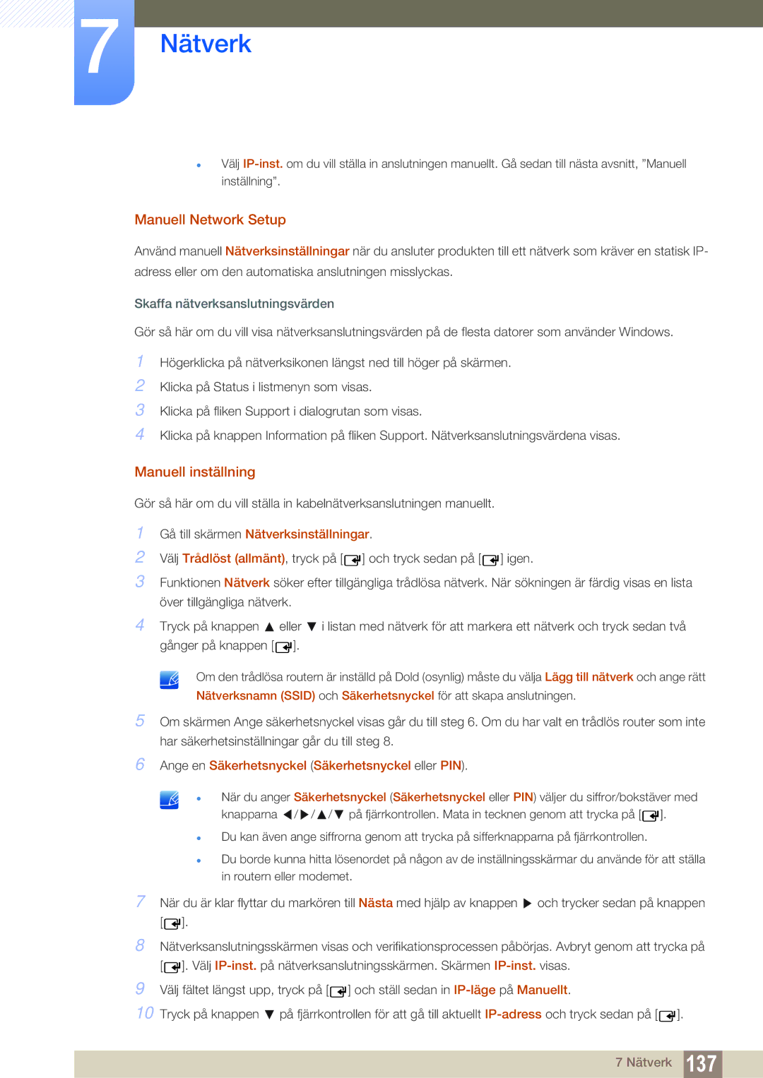 Samsung LH46SLBPLBC/EN manual Manuell Network Setup, Manuell inställning, Ange en Säkerhetsnyckel Säkerhetsnyckel eller PIN 