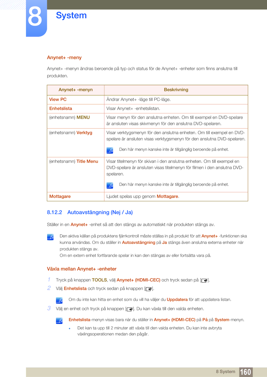 Samsung LH46SLBPLBC/EN manual Autoavstängning Nej / Ja, Anynet+ -meny, Växla mellan Anynet+ -enheter 