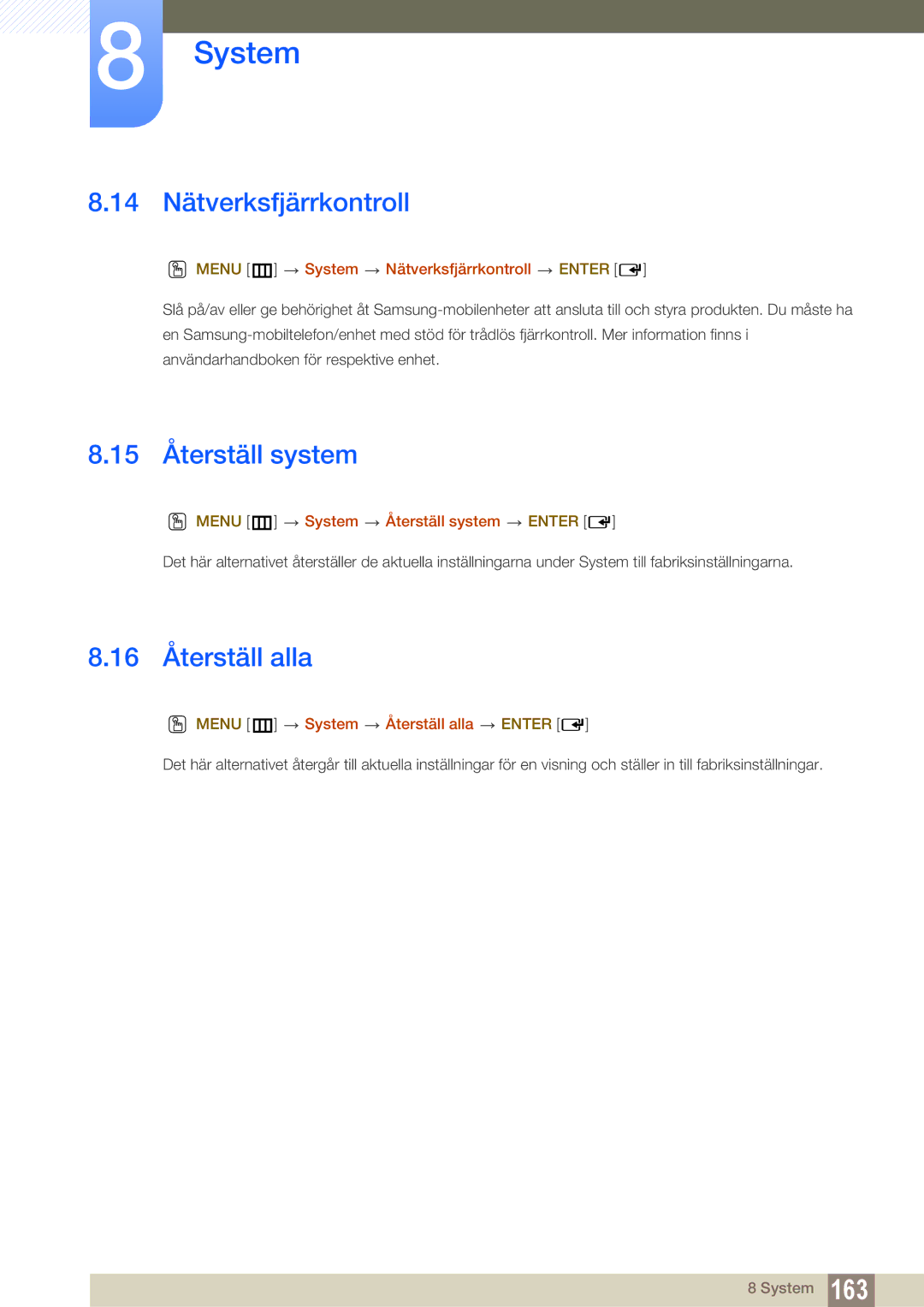 Samsung LH46SLBPLBC/EN manual 14 Nätverksfjärrkontroll, 15 Återställ system, 16 Återställ alla 