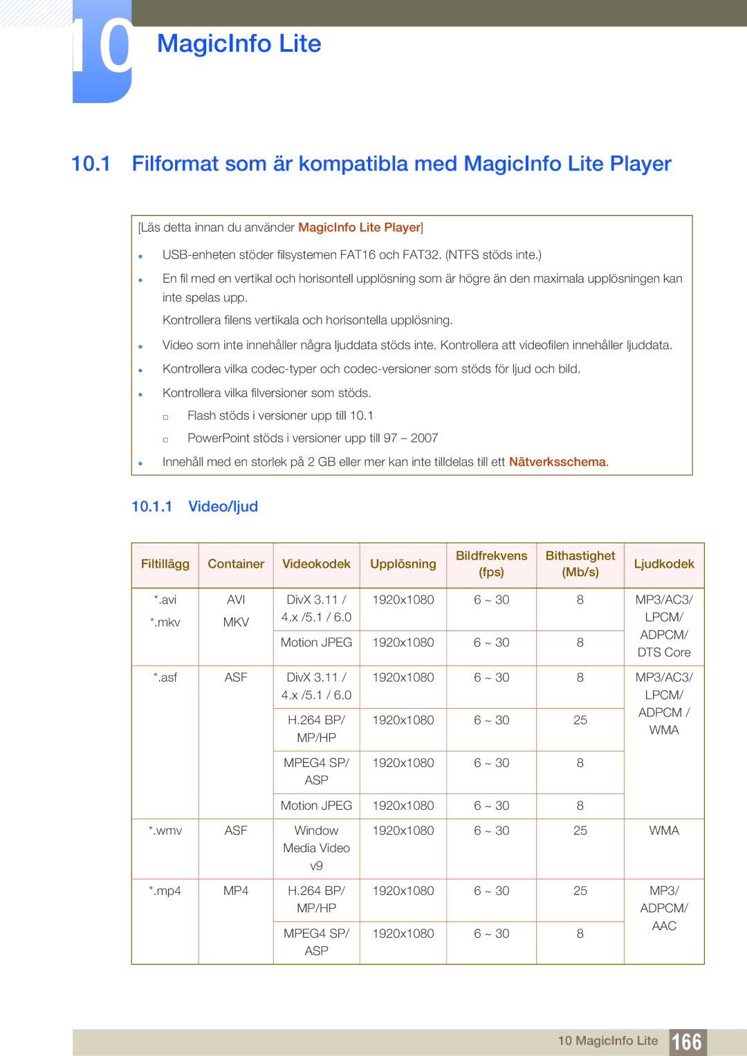 Samsung LH46SLBPLBC/EN manual Filformat som är kompatibla med MagicInfo Lite Player, Video/ljud 