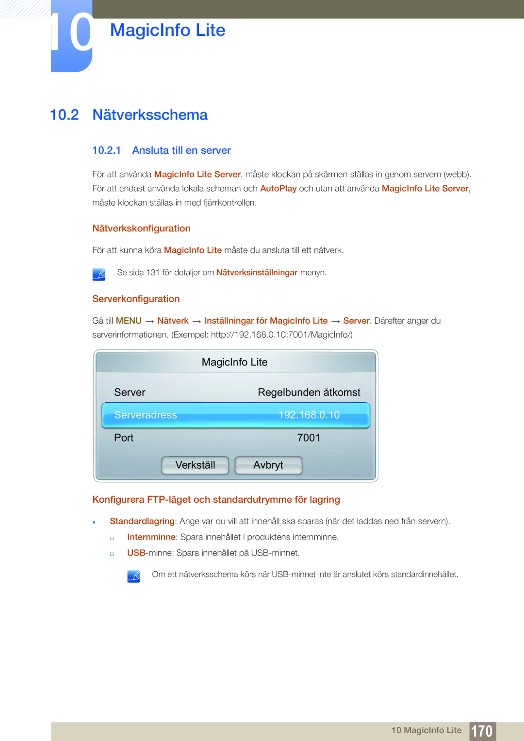 Samsung LH46SLBPLBC/EN manual 10.2 Nätverksschema, Ansluta till en server, Nätverkskonfiguration, Serverkonfiguration 