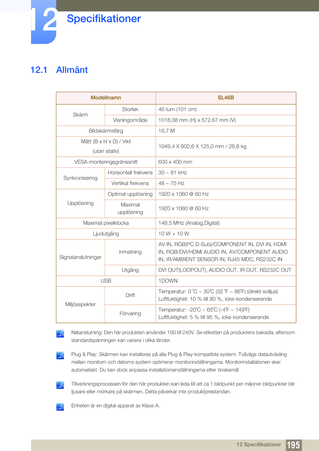 Samsung LH46SLBPLBC/EN manual Specifikationer, SL46B 