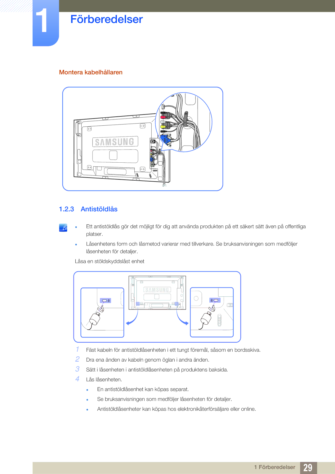 Samsung LH46SLBPLBC/EN manual Antistöldlås, Montera kabelhållaren 