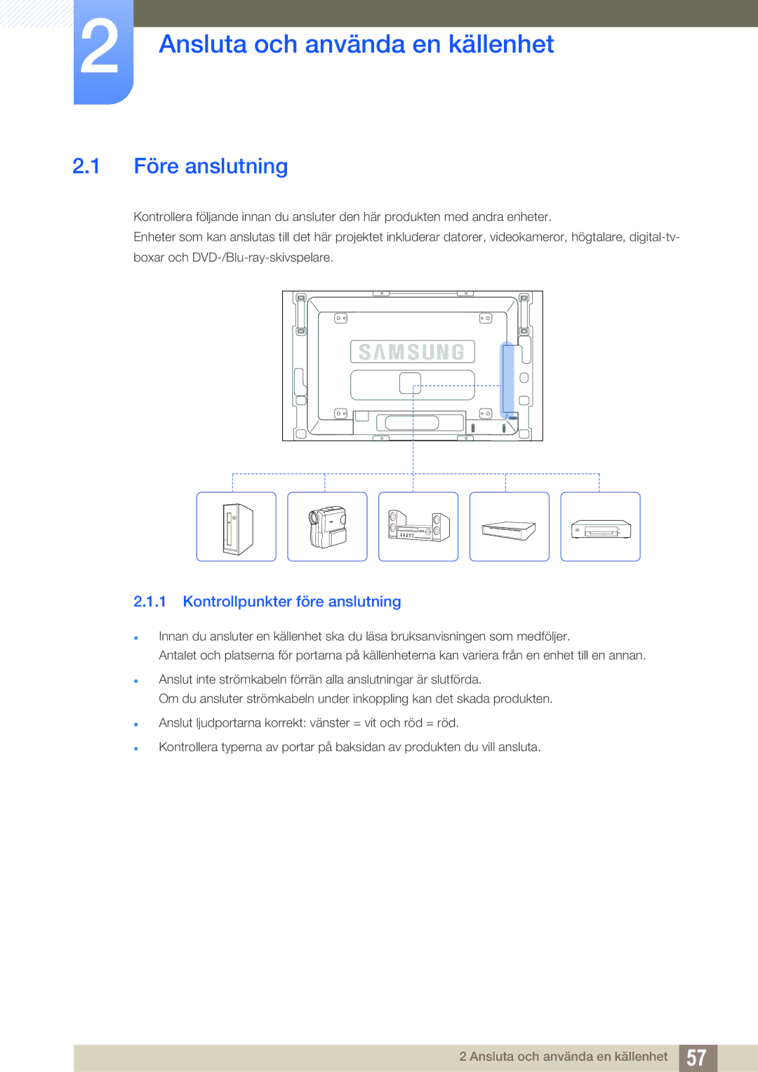 Samsung LH46SLBPLBC/EN manual Ansluta och använda en källenhet, Före anslutning, Kontrollpunkter före anslutning 